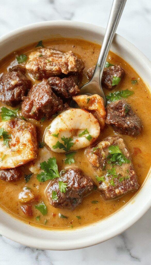 A vibrant bowl of beef coconut curry with tender beef chunks immersed in a rich, creamy sauce, garnished with fresh herbs, served with steamed rice on a rustic wooden table, showcasing warm golden and brown hues contrasted with fresh green herbs and white rice.