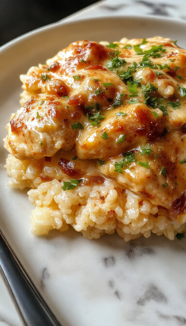 A vibrant plate featuring tender shredded chicken smothered in a rich, creamy sauce placed over fluffy white rice. The dish is garnished with chopped green herbs, served on a rustic white plate with a drizzle of sauce, set against a warm wooden background with sprigs of fresh herbs and a fork nearby, showcasing textures of succulent chicken, creamy sauce, and fluffy rice.
