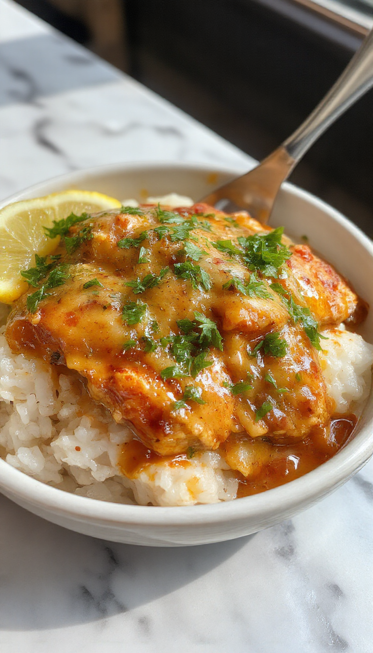 A vibrant plate featuring tender, golden-brown smothered chicken topped with rich gravy, served alongside fluffy white rice. The chicken is garnished with chopped parsley, and the dish is presented on a rustic wooden table with a side of steamed vegetables, showcasing textures from crispy edges to tender meat and rice grains.
