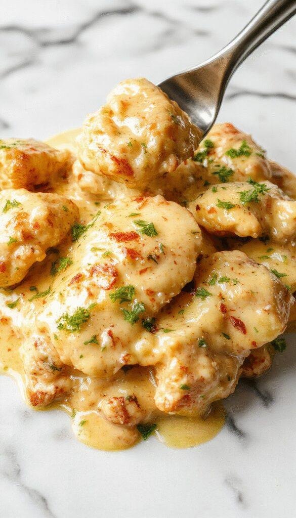 A vibrant skillet showcasing tender golden-brown chicken breasts topped with a rich, buttery sauce, garnished with chopped fresh herbs, surrounded by colorful sides on a rustic wooden table