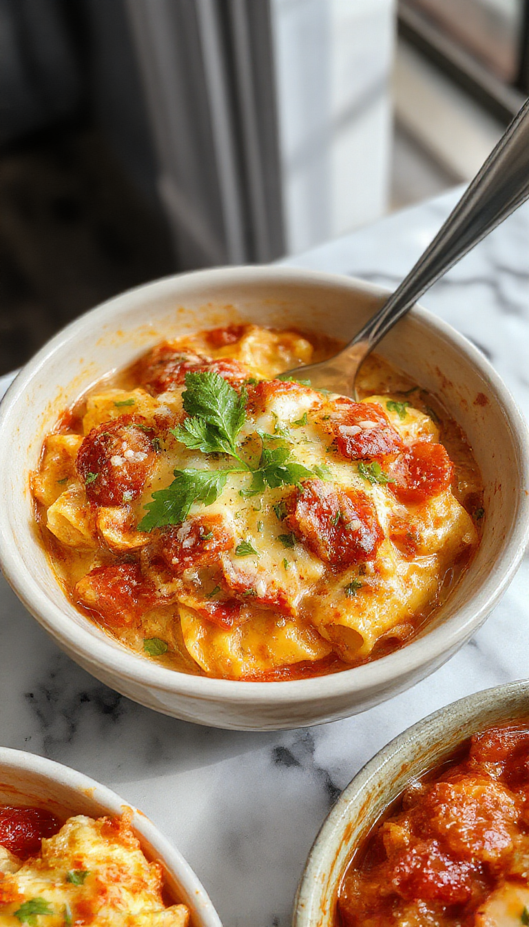A vibrant white bowl filled with creamy tomato pasta topped with fresh basil leaves, showcasing glossy spaghetti coated in rich red sauce with chunks of tomatoes and a sprinkle of grated cheese, set on a rustic wooden table with a garnishing of herbs and a side of garlic bread.