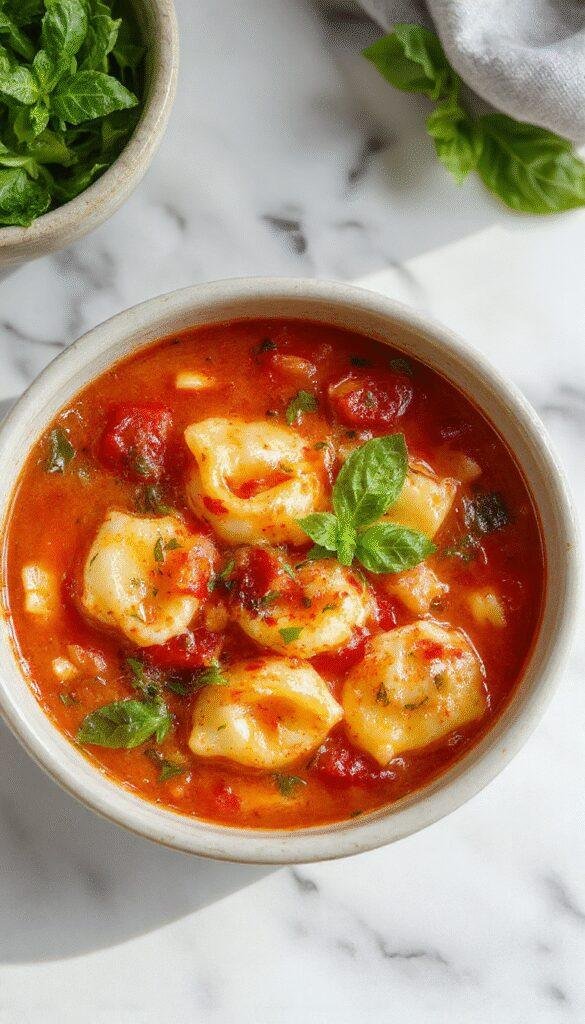 A vibrant bowl of tomato tortellini soup featuring plump, cheesy tortellini in a rich red tomato broth, garnished with fresh basil leaves and a sprinkle of Parmesan, served on a rustic wooden table with a spoon and a side of crusty bread.