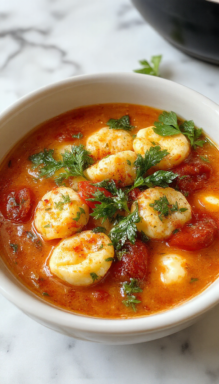 A vibrant bowl of tomato tortellini soup featuring plump tortellini pasta immersed in a rich, red tomato broth, garnished with fresh basil and shredded cheese, served in a rustic white bowl with a sprinkle of herbs, with a spoon resting nearby on a wooden table.