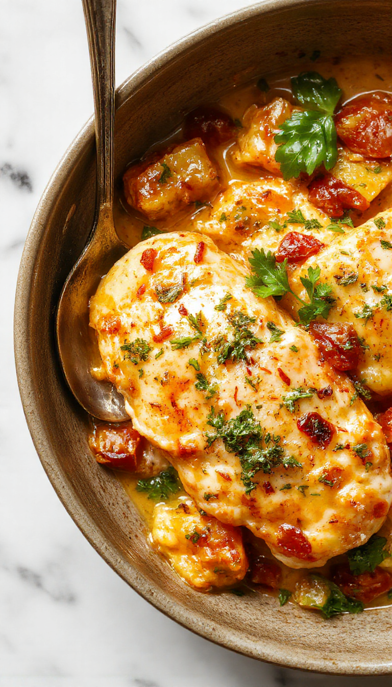 A beautifully plated serving of creamy tuscan chicken garnished with fresh herbs, featuring tender chicken breasts coated in a rich, velvety sauce with sun-dried tomatoes and spinach, presented on a white ceramic plate with a rustic wooden background.