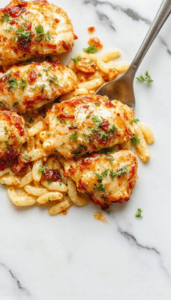 A vibrant plate featuring golden-brown Tuscan chicken pieces atop a bed of tender orzo pasta, garnished with fresh herbs, cherry tomatoes, and a creamy sauce, styled on a white rustic plate with a sprinkling of parmesan and basil leaves for a cozy, inviting appearance.