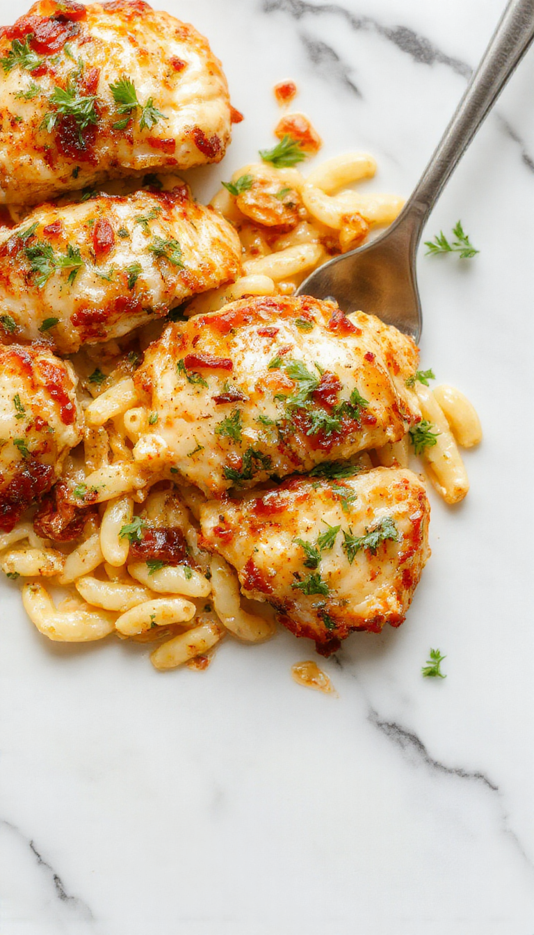 A vibrant plate featuring golden-brown Tuscan chicken pieces atop a bed of tender orzo pasta, garnished with fresh herbs, cherry tomatoes, and a creamy sauce, styled on a white rustic plate with a sprinkling of parmesan and basil leaves for a cozy, inviting appearance.