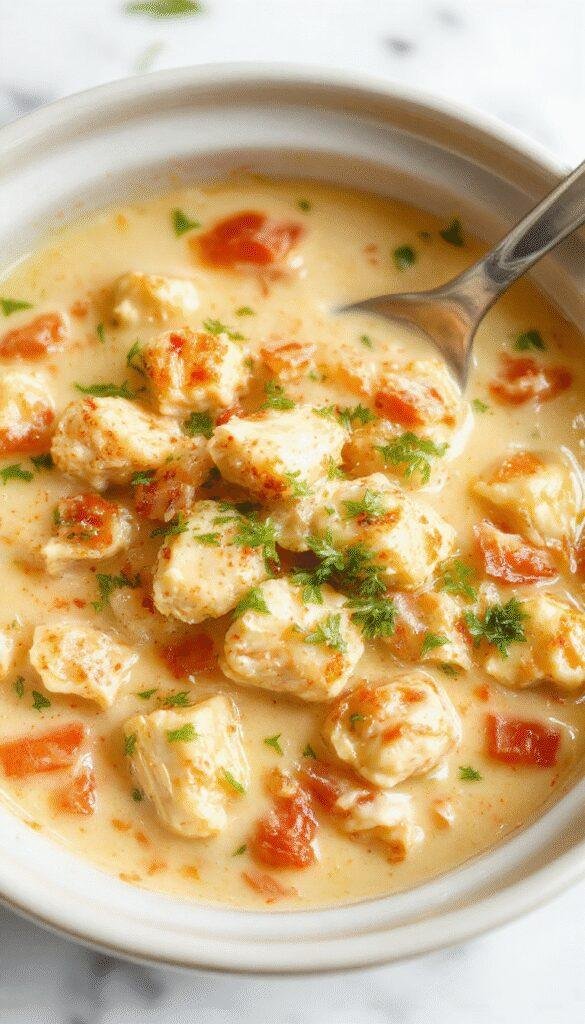 A steaming bowl of creamy white chicken chili topped with shredded cheese and cilantro, surrounded by chunks of tender chicken, beans, and spices in a rustic white ceramic bowl on a wooden table.