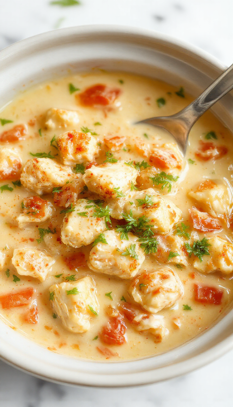A steaming bowl of creamy white chicken chili topped with shredded cheese and cilantro, surrounded by chunks of tender chicken, beans, and spices in a rustic white ceramic bowl on a wooden table.