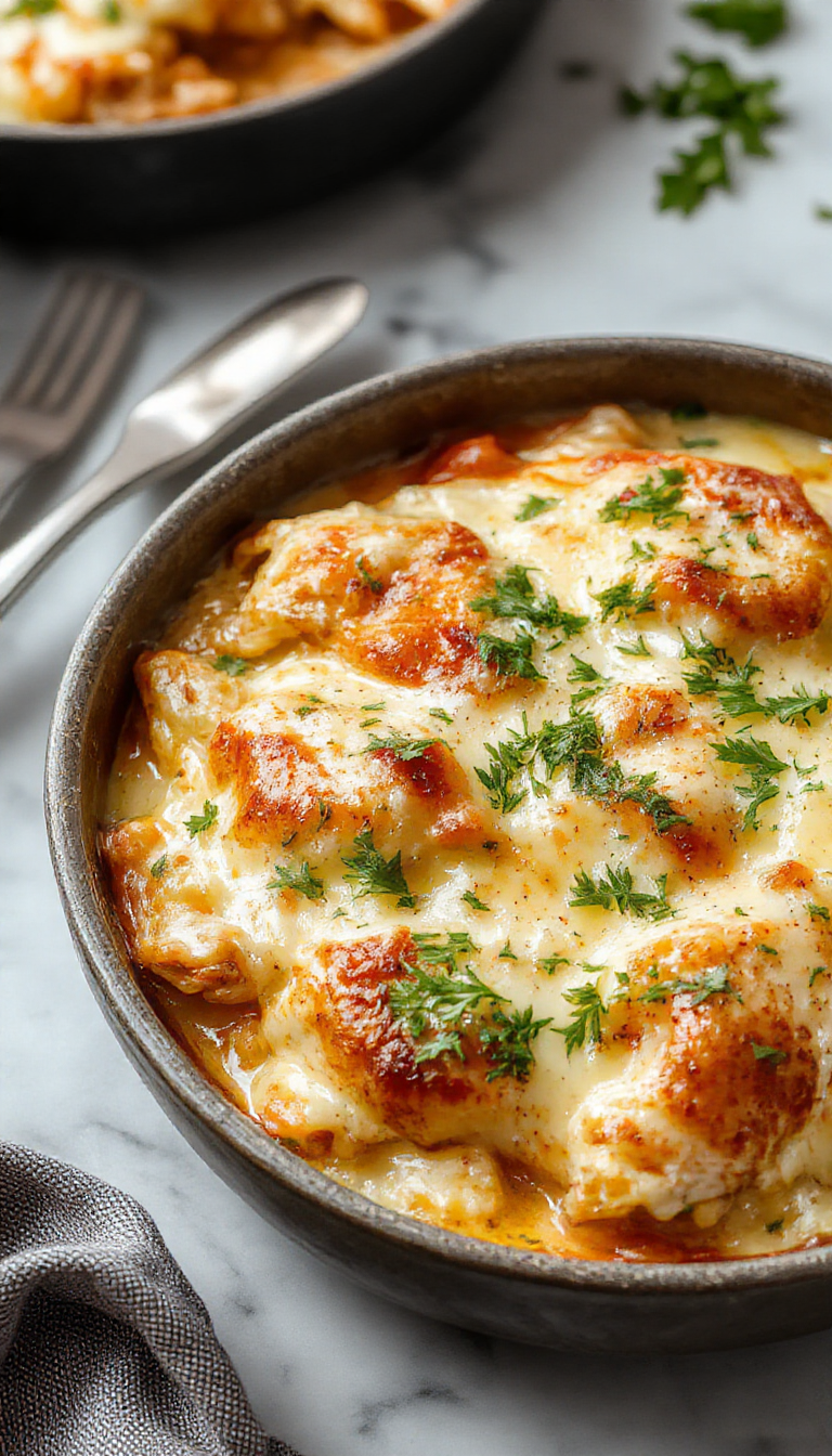 A vibrant skillet filled with layers of creamy white chicken lasagna, topped with melted cheese and garnished with fresh herbs. The dish showcases golden-brown cheese crust, tender shredded chicken, and soft pasta layers against a rustic wooden table background, styled with a sprig of basil for an inviting look.