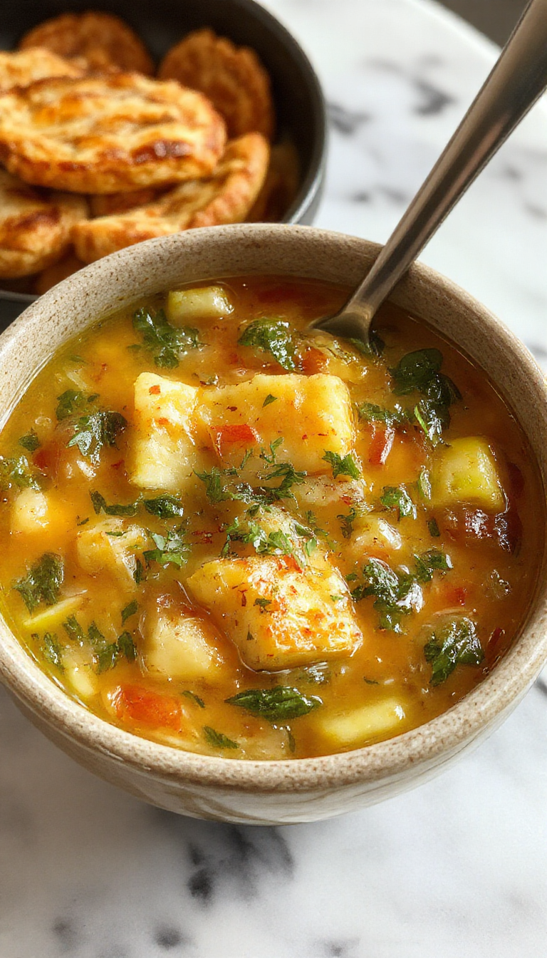 A vibrant bowl of vegetable soup featuring colorful chopped carrots, celery, zucchini, and tomatoes in a clear broth, garnished with fresh herbs and served with a side of crusty bread on a rustic wooden table.