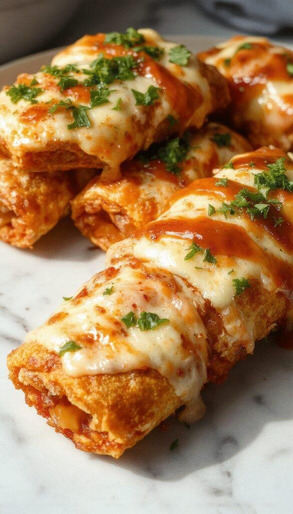 Golden brown crispy pizza rolls arranged on a white plate with a crispy exterior, melted cheese visible through small openings, garnished with fresh herbs, served with dipping sauces, styled on a rustic wooden table with a blurred background