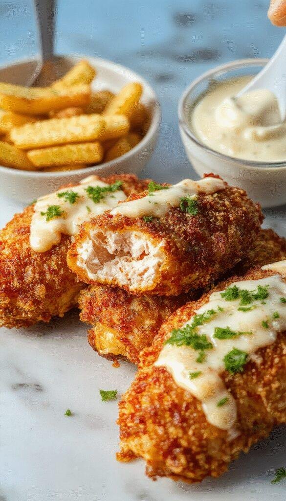 A close-up of golden crispy baked chicken tenders arranged on a white plate, garnished with fresh herbs, with a crispy texture visible, served alongside a small bowl of dipping sauce, on a rustic wooden table with a light-colored background.