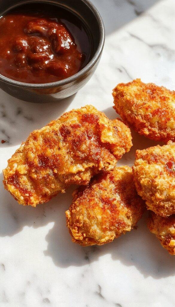 A close-up of golden-brown crispy baked chicken tenders arranged on a white plate with a side of fresh green parsley, served with a dipping sauce. The tenders have a crunchy textured coating and are placed on a rustic wooden table, with natural light highlighting their crispy surface and tender interior.