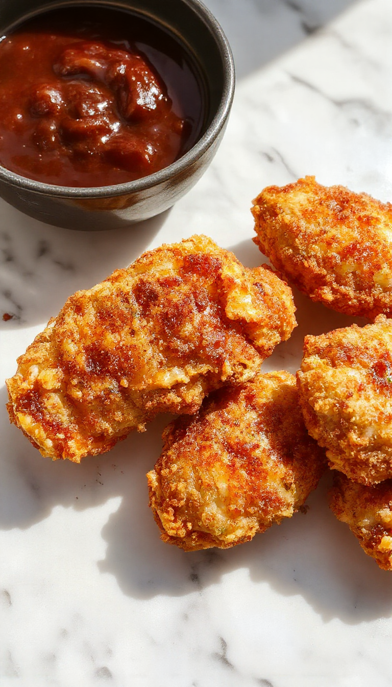 A close-up of golden-brown crispy baked chicken tenders arranged on a white plate with a side of fresh green parsley, served with a dipping sauce. The tenders have a crunchy textured coating and are placed on a rustic wooden table, with natural light highlighting their crispy surface and tender interior.