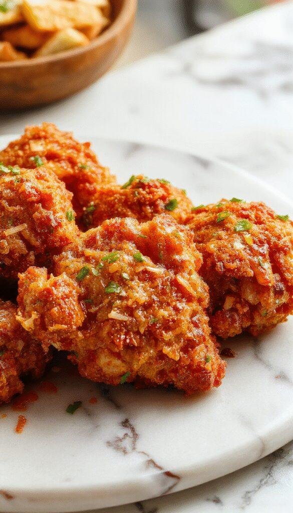 A vibrant plate of crispy bang bang chicken featuring golden-brown battered chicken coated in a glossy spicy sauce, garnished with sesame seeds and chopped scallions, served on a white ceramic plate with a side of fresh vegetables. The crispy texture contrasts with the glossy, flavorful sauce, creating an inviting and colorful culinary presentation.