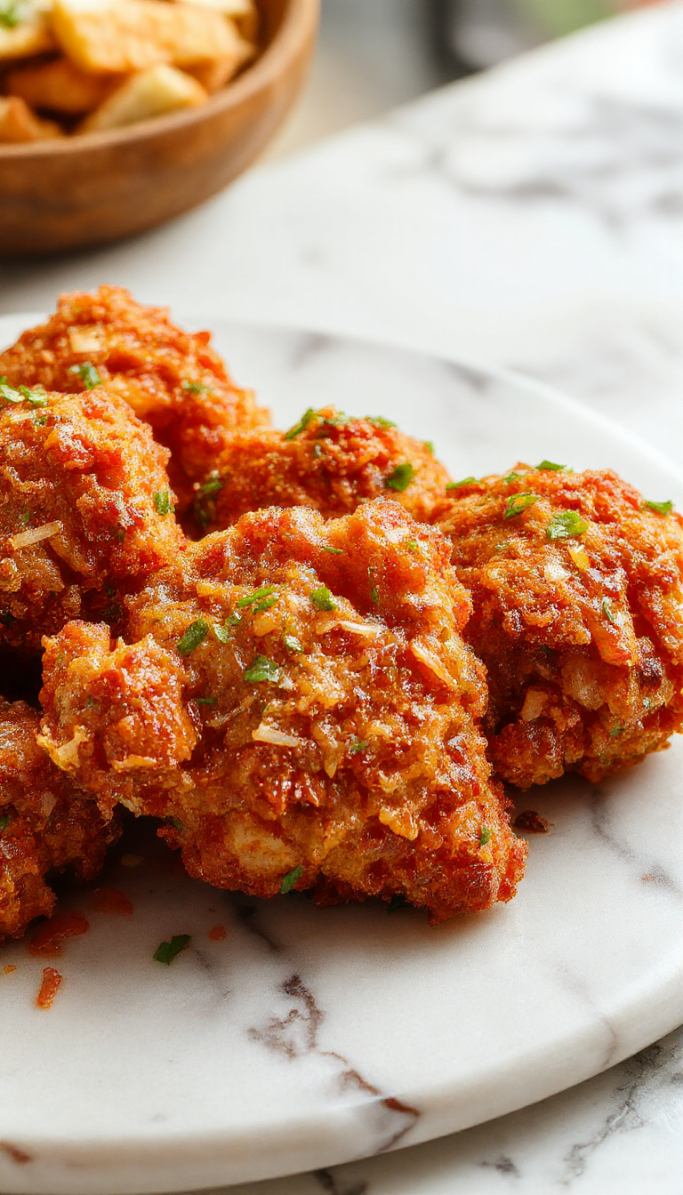 A vibrant plate of crispy bang bang chicken featuring golden-brown battered chicken coated in a glossy spicy sauce, garnished with sesame seeds and chopped scallions, served on a white ceramic plate with a side of fresh vegetables. The crispy texture contrasts with the glossy, flavorful sauce, creating an inviting and colorful culinary presentation.