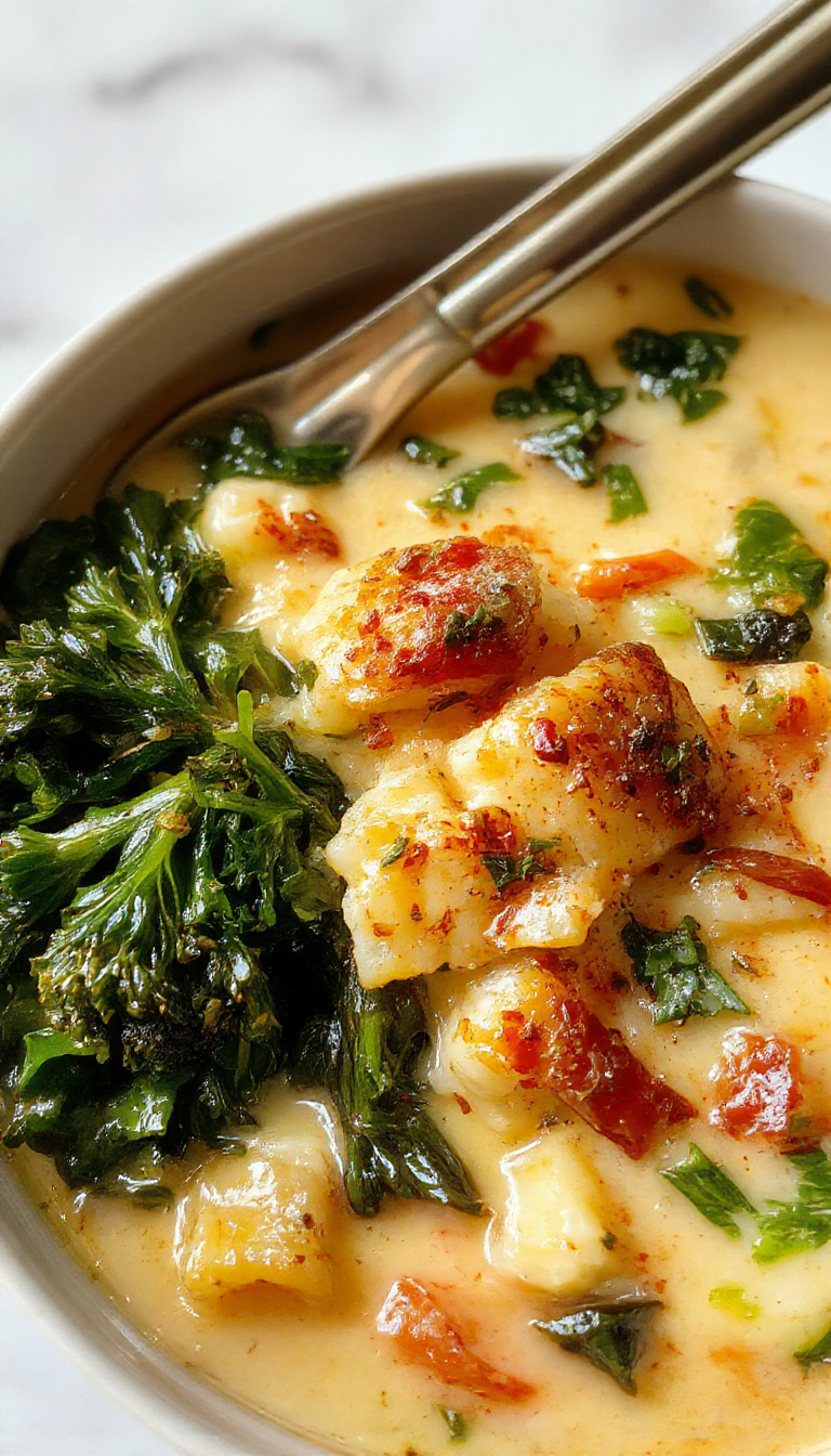A vibrant bowl of vegetable soup with colorful chopped carrots, celery, zucchini, and spinach, garnished with fresh herbs on a rustic wooden table with a spoon and bread in the background.