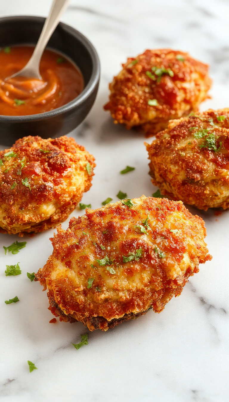 A vibrant plate of golden-brown crispy baked chicken tenders arranged neatly on a white ceramic dish, garnished with fresh parsley and served with a side of dipping sauces. The tenders have a crispy textured coating contrasting with the tender, juicy chicken inside, highlighted by natural lighting on a rustic wooden table with colorful side bowls and a sprig of herbs.