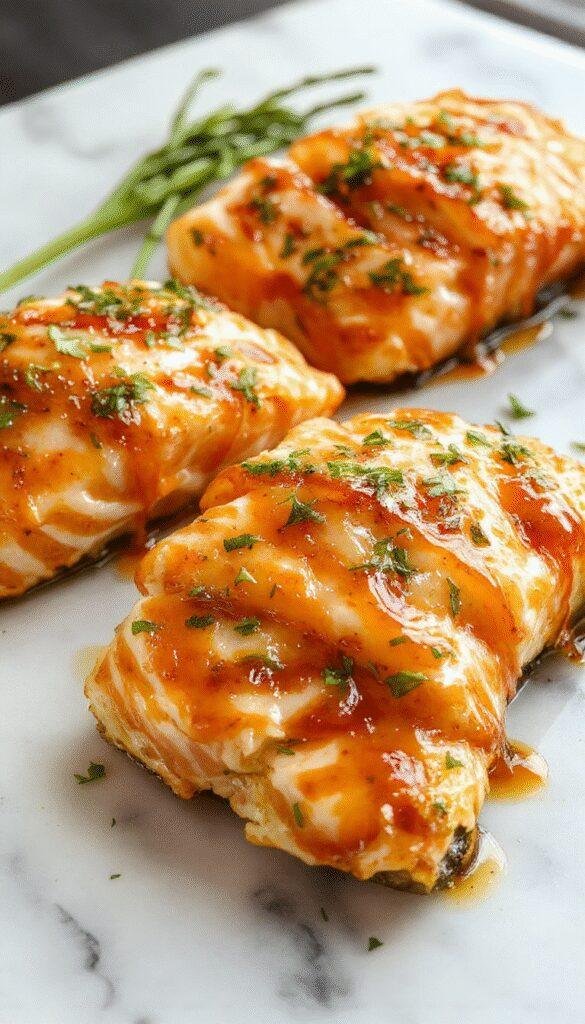 A beautifully plated crispy salmon fillet glazed with honey garlic sauce, garnished with fresh herbs on a rustic white plate, with a glistening, caramelized surface showing a golden-brown crust, vibrant green herbs adding contrast, set against a neutral background with a drizzle of sauce around.