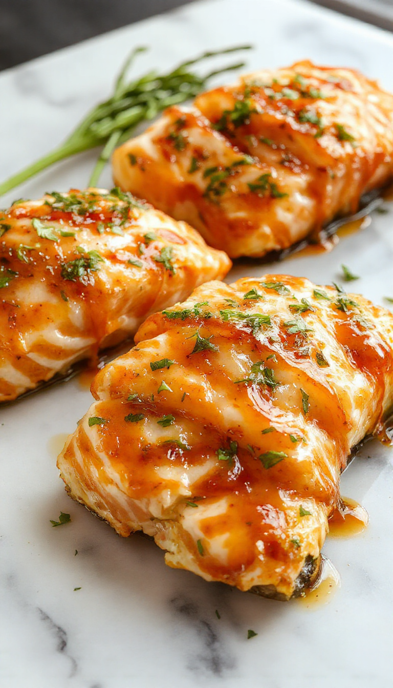 A beautifully plated crispy salmon fillet glazed with honey garlic sauce, garnished with fresh herbs on a rustic white plate, with a glistening, caramelized surface showing a golden-brown crust, vibrant green herbs adding contrast, set against a neutral background with a drizzle of sauce around.