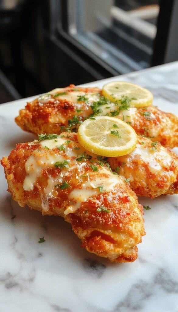 Golden-brown crispy chicken fillet topped with grated pecorino cheese and fresh lemon slices, garnished with herbs on a stylish white plate with a vibrant lemon wedge garnish, styled with a rustic wooden background and fresh ingredients around.