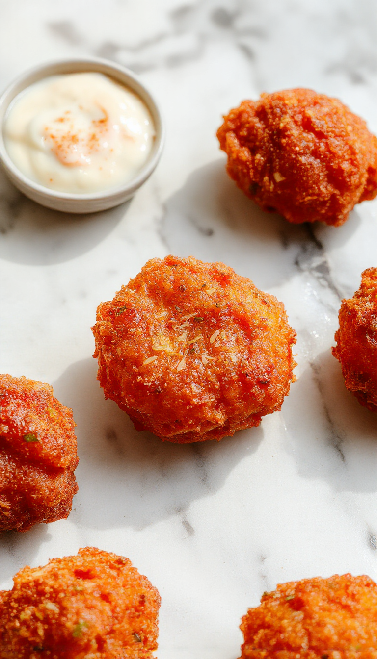 Golden crispy buffalo chicken bites coated in spicy sauce, served on a platter with dipping sauces and fresh celery sticks.