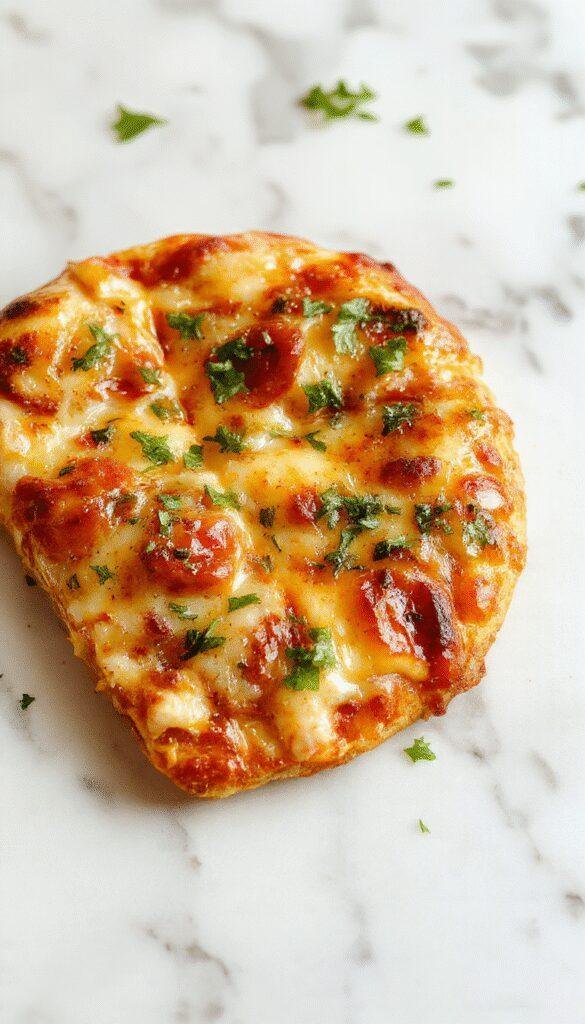 A delicious crustless pizza with gooey melted cheese, vibrant tomato sauce, and colorful toppings on a white plate.