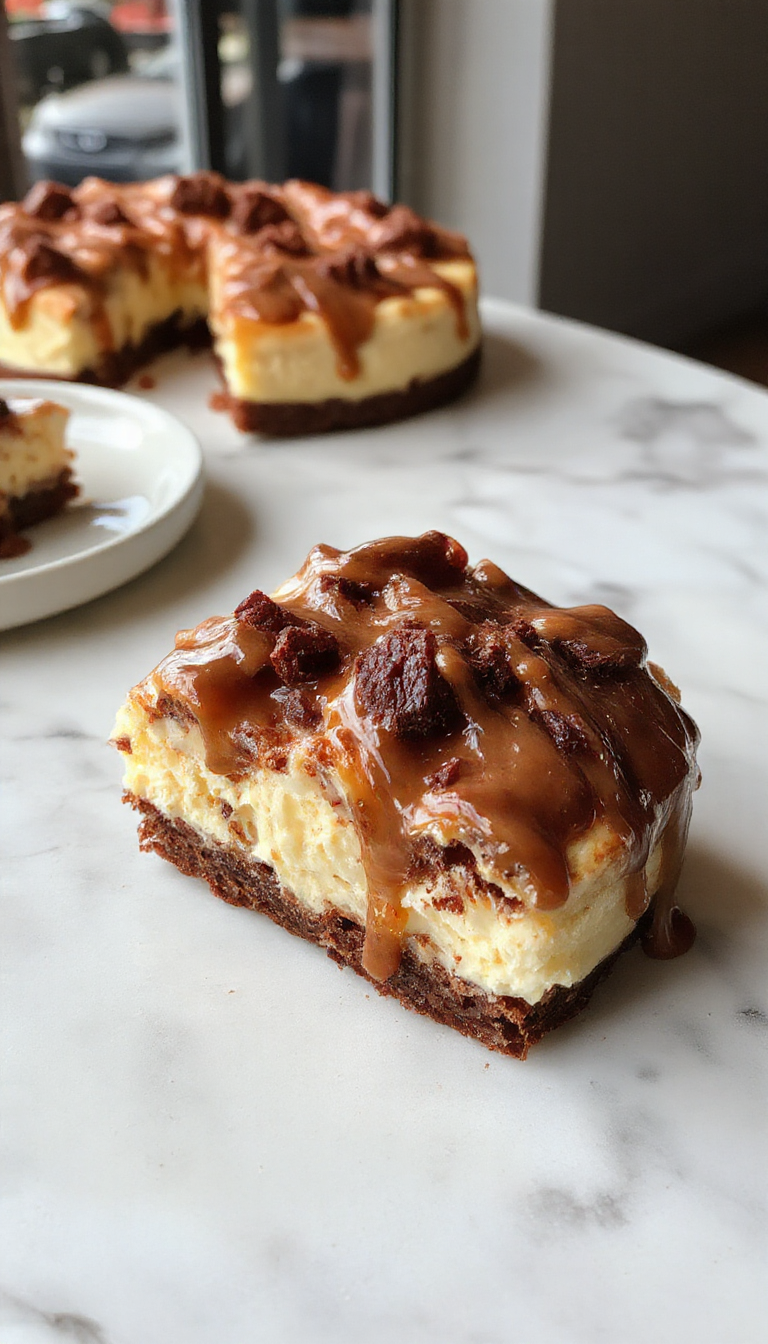 A rich caramel brownie cheesecake with a glossy caramel topping, served sliced to reveal layers of fudgy brownie, creamy cheesecake, and caramel drizzle. The cheesecake is beautifully plated on a white dish with a sprinkle of cocoa powder, surrounded by caramel sauce and chocolate shavings, with a golden crust visible at the edges and a smooth, glossy finish.