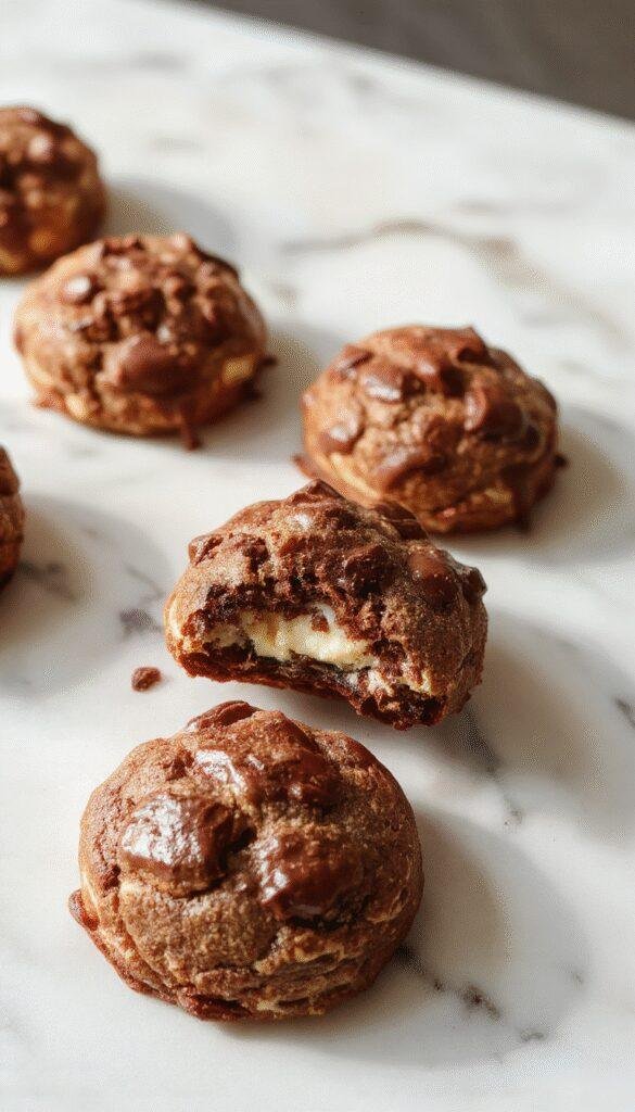 Colorful close-up of golden-brown cookie bites topped with glossy chocolate and creamy cheesecake swirls on a white plate, garnished with chocolate shavings and fresh berries, styled on a rustic wooden table with soft natural lighting that highlights the textures and rich colors.