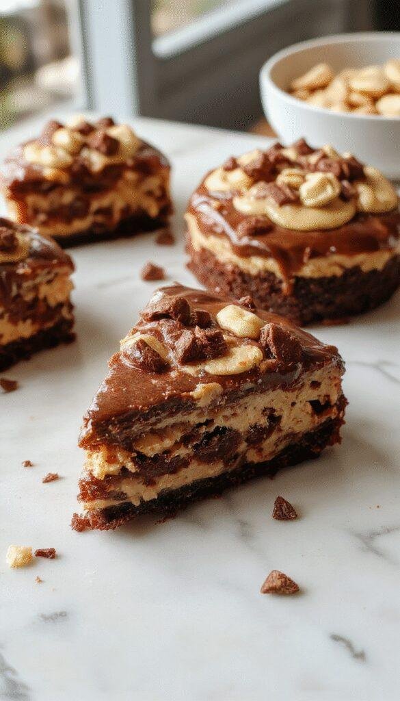 A luscious multi-layer cheesecake cake with rich chocolate ganache draped over creamy peanut butter filling, topped with swirls of chocolate and peanut butter, and garnished with chopped peanuts and chocolate shavings on a white plate against a soft pastel background.