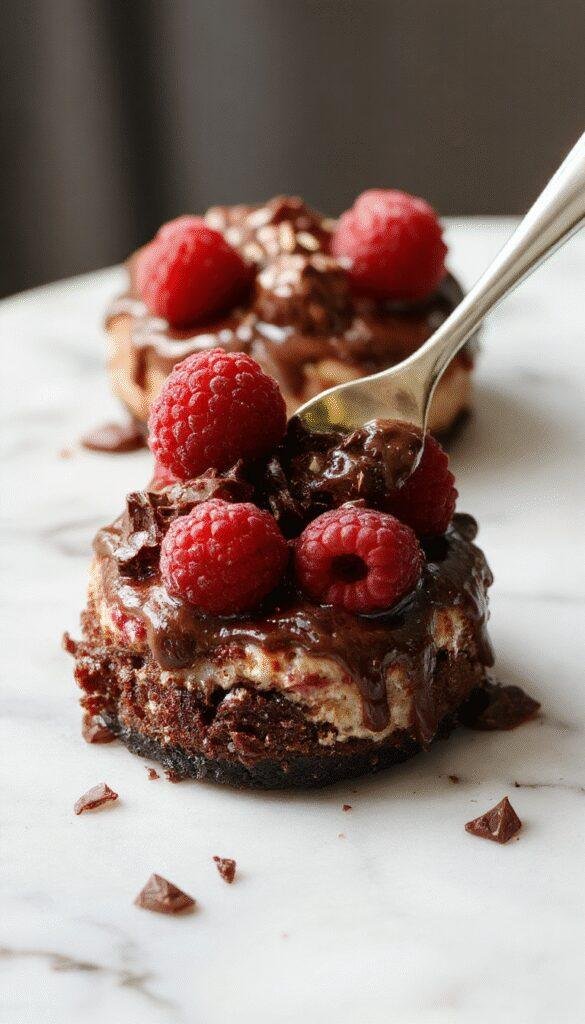 A luscious slice of dark chocolate raspberry cheesecake on a rustic white plate, topped with fresh raspberries and a drizzle of chocolate sauce. The cheesecake has a creamy, dense texture with a glossy dark chocolate topping, garnished with delicate chocolate shavings and vibrant red raspberries, styled with a sprinkle of powdered sugar on a wooden table with soft natural lighting.