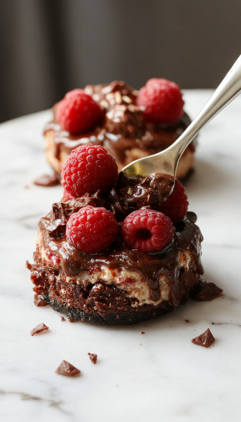 A luscious slice of dark chocolate raspberry cheesecake on a rustic white plate, topped with fresh raspberries and a drizzle of chocolate sauce. The cheesecake has a creamy, dense texture with a glossy dark chocolate topping, garnished with delicate chocolate shavings and vibrant red raspberries, styled with a sprinkle of powdered sugar on a wooden table with soft natural lighting.