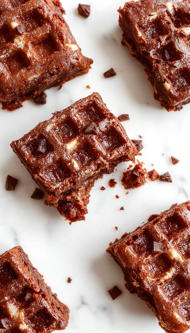A close-up of rich, fudgy flourless waffle brownies topped with powdered sugar and a drizzle of chocolate sauce, displayed on a rustic wooden plate.