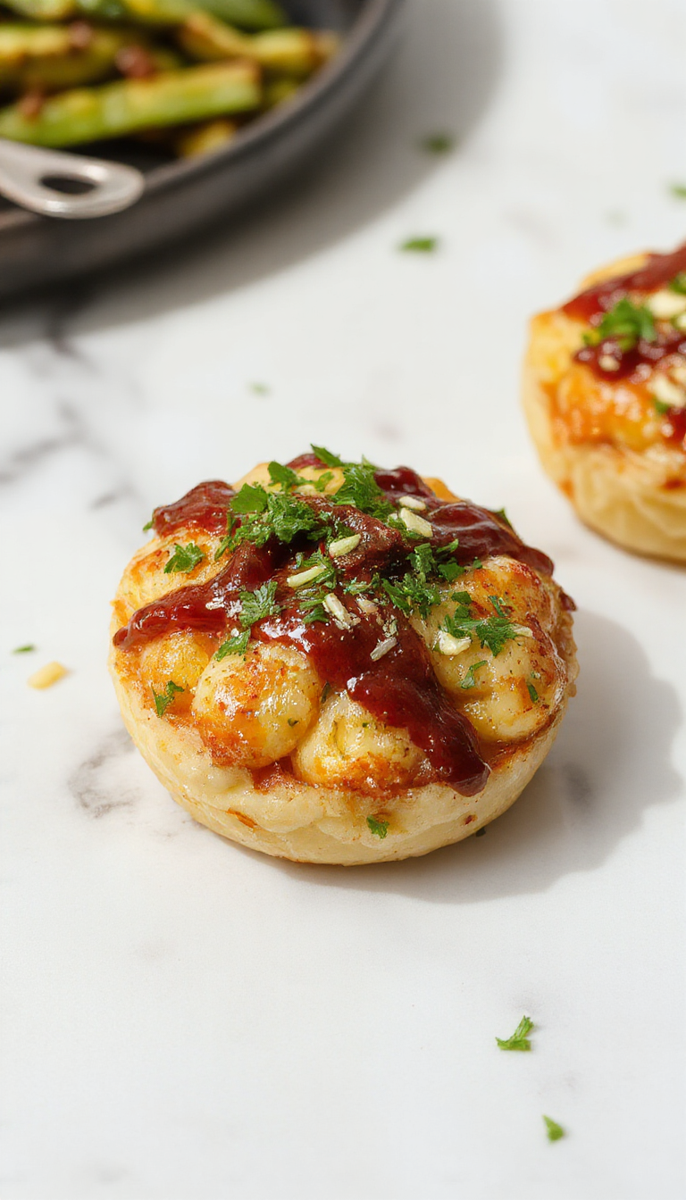 A close-up of a creamy cheesy mac and cheese topped with shredded BBQ smoked chicken, garnished with chopped parsley, styled on a rustic wooden plate with a drizzle of barbecue sauce and colorful pepper slices for vibrant contrast.
