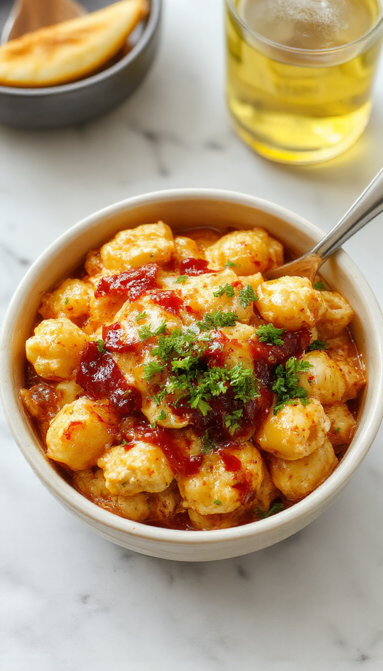 A vibrant plate of BBQ chicken mac and cheese featuring golden baked pasta topped with crispy chicken pieces, drizzled with barbecue sauce, garnished with fresh parsley, served in a rustic bowl with melted cheese and tender chicken chunks contrasting with the rich, cheesy sauce.