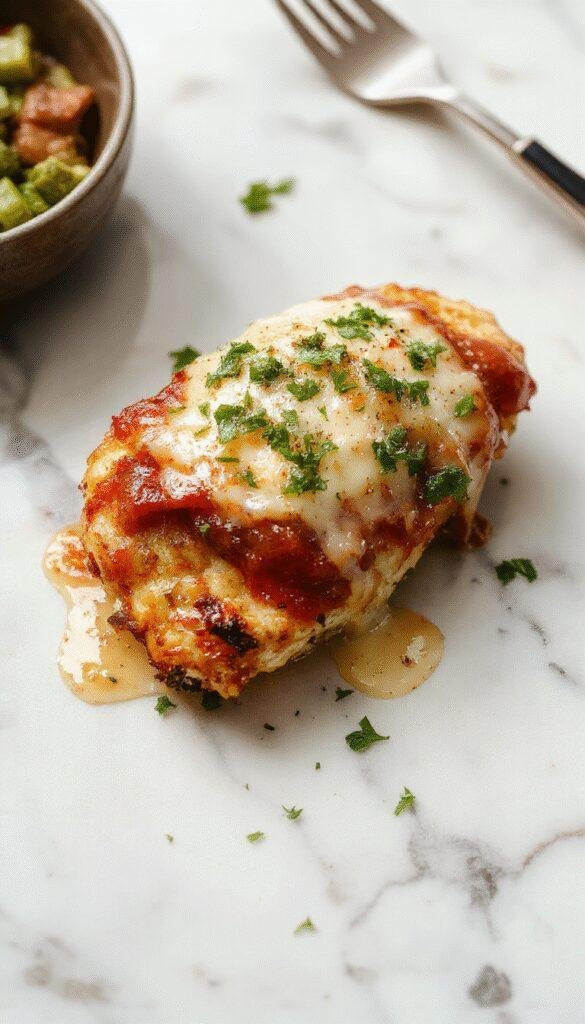 A golden-brown crispy baked chicken parmesan resting on a white plate, topped with melted mozzarella cheese and vibrant marinara sauce, garnished with fresh basil leaves, with a rustic wooden background and a side of spaghetti.