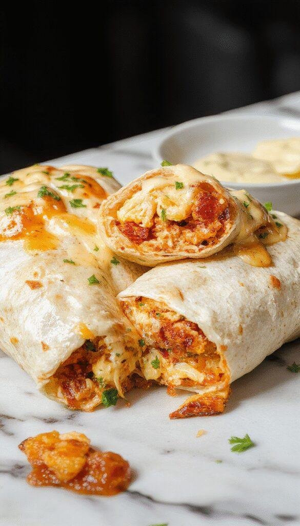 A close-up of golden-brown chicken wraps filled with melted cheese and crispy garlic-seasoned chicken, sliced open to reveal gooey cheese and fresh herbs, placed on a rustic wooden platter with a drizzle of garlic sauce and fresh parsley, vibrant colors, inviting textures.