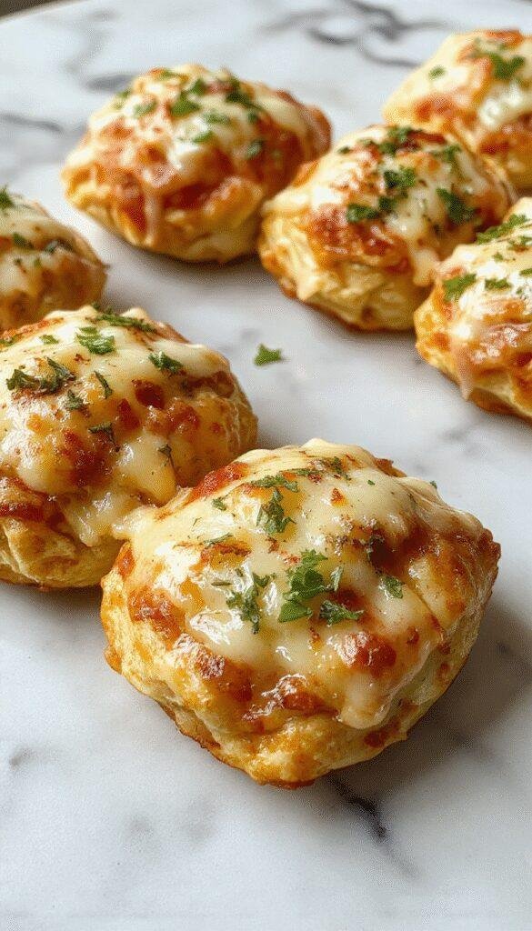 Golden brown pizza pockets with melted cheese oozing out, topped with sprinkled herbs on a rustic wooden plate, surrounded by fresh tomato slices and basil leaves, with a flaky, crispy texture visible.