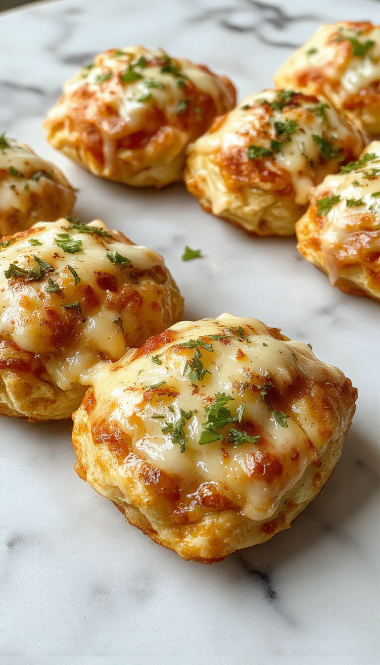 Golden brown pizza pockets with melted cheese oozing out, topped with sprinkled herbs on a rustic wooden plate, surrounded by fresh tomato slices and basil leaves, with a flaky, crispy texture visible.
