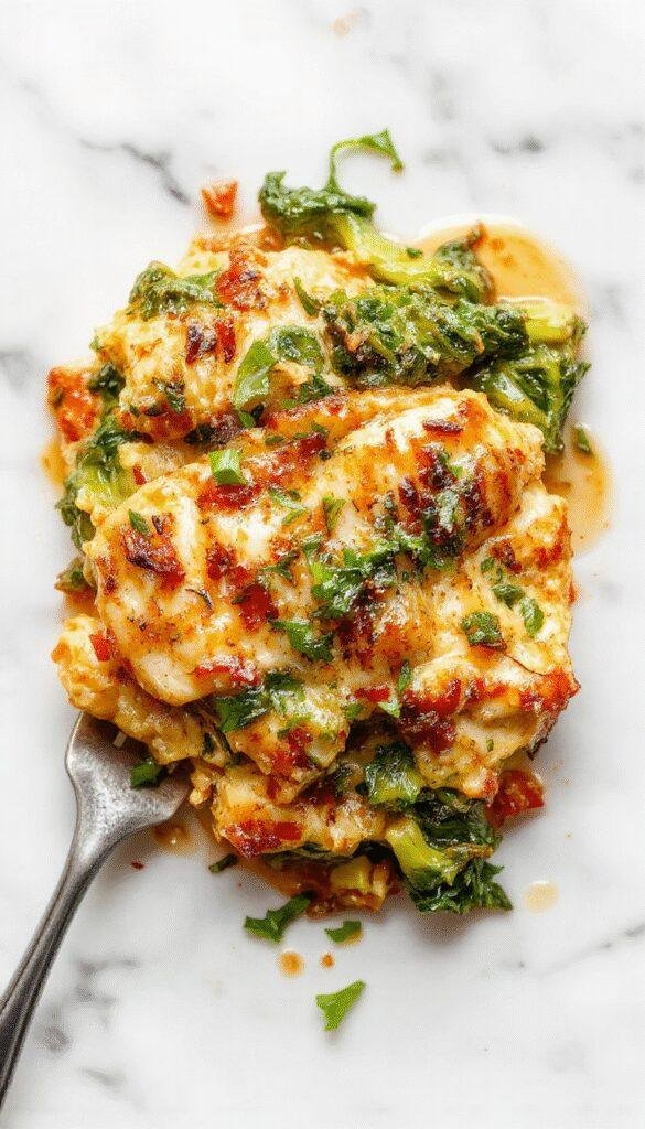 A vibrant plate featuring golden-brown chicken breasts topped with wilted spinach and melted Parmesan cheese, garnished with fresh herbs, served alongside a colorful medley of roasted vegetables on a white plate with elegant plating and natural lighting highlighting textures.