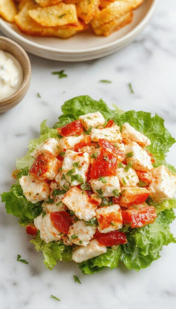 A vibrant bowl of crab salad featuring flaky white crab meat, sliced avocado, cherry tomatoes, and greens, garnished with fresh herbs on a white plate with a colorful background