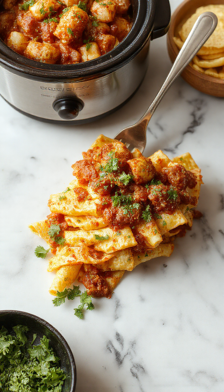 A vibrant bowl of Crockpot Taco Pasta featuring curly pasta coated in a rich tomato sauce, topped with melted cheese, fresh cilantro, and sliced jalapenos. The dish is garnished with crumbled taco-seasoned ground beef, colorful diced tomatoes, and a sprinkle of shredded cheese, all set on a rustic wooden table with a sprinkle of fresh herbs and a side of tortilla chips.