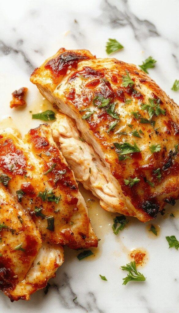 A beautifully plated chicken breast dish featuring golden-brown, juicy chicken slices garnished with fresh herbs and colorful vegetables on a rustic wooden table