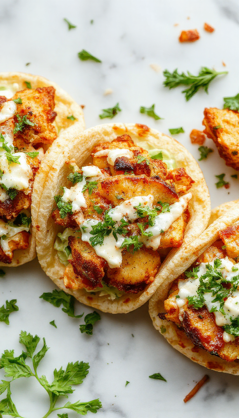 Colorful chicken pitas arranged on a rustic wooden table, featuring golden roasted chicken slices in soft pita bread, topped with vibrant green herb ranch slaw, garnished with fresh herbs and lemon wedges, showcasing a crispy, fresh, and inviting presentation.