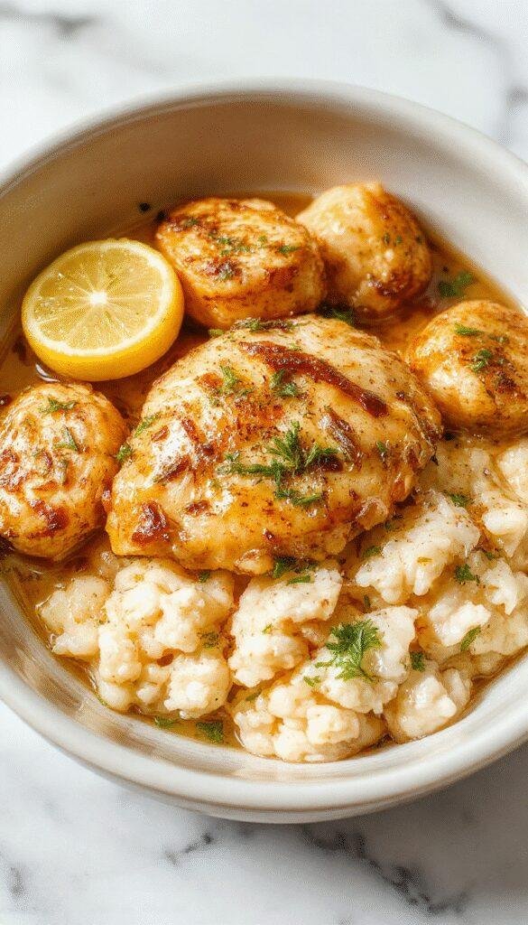 A vibrant plate featuring tender slow cooker lemon herb chicken garnished with fresh herbs, served alongside fluffy, aromatic rice in a white bowl. The dish is plated on a rustic wooden table with lemon slices and sprigs of herbs for garnish, highlighting the bright yellow and green colors and the juicy, moist texture of the chicken.