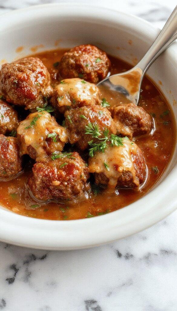 Colorful plated Salisbury steak meatballs with rich brown gravy, garnished with fresh parsley on a rustic wooden table, surrounded by mashed potatoes and green beans, showcasing a hearty and inviting dinner setting with glossy sauce texture and appetizing presentation.