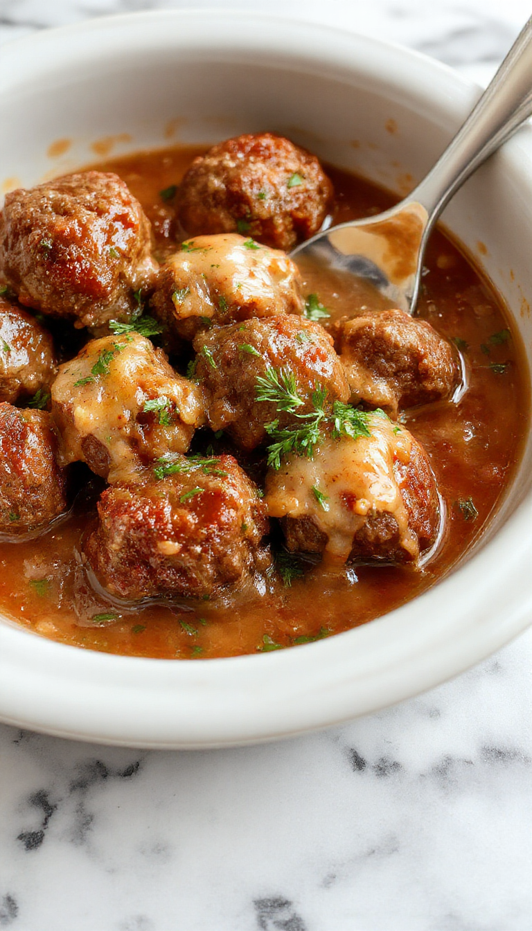 Colorful plated Salisbury steak meatballs with rich brown gravy, garnished with fresh parsley on a rustic wooden table, surrounded by mashed potatoes and green beans, showcasing a hearty and inviting dinner setting with glossy sauce texture and appetizing presentation.