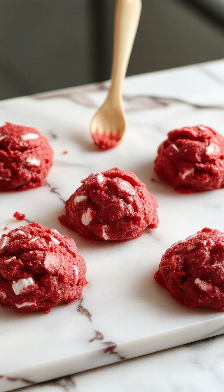 A close-up of decadent no-bake red velvet cookie dough balls coated with white chocolate, garnished with a sprinkle of red sugar.
