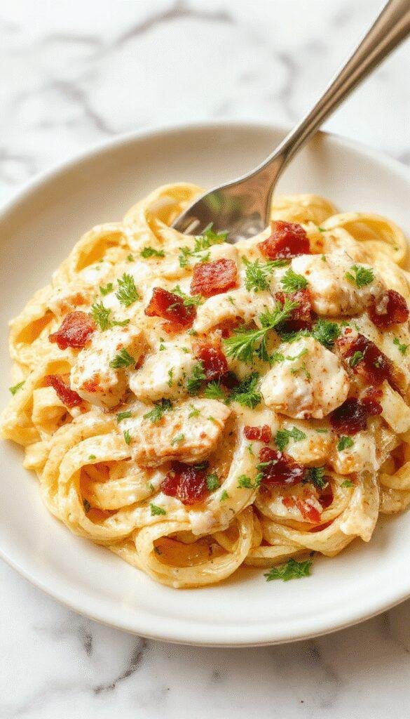A plate of creamy chicken bacon ranch pasta garnished with parsley, showcasing a rich, cheesy sauce with crispy bacon pieces and tender chicken.