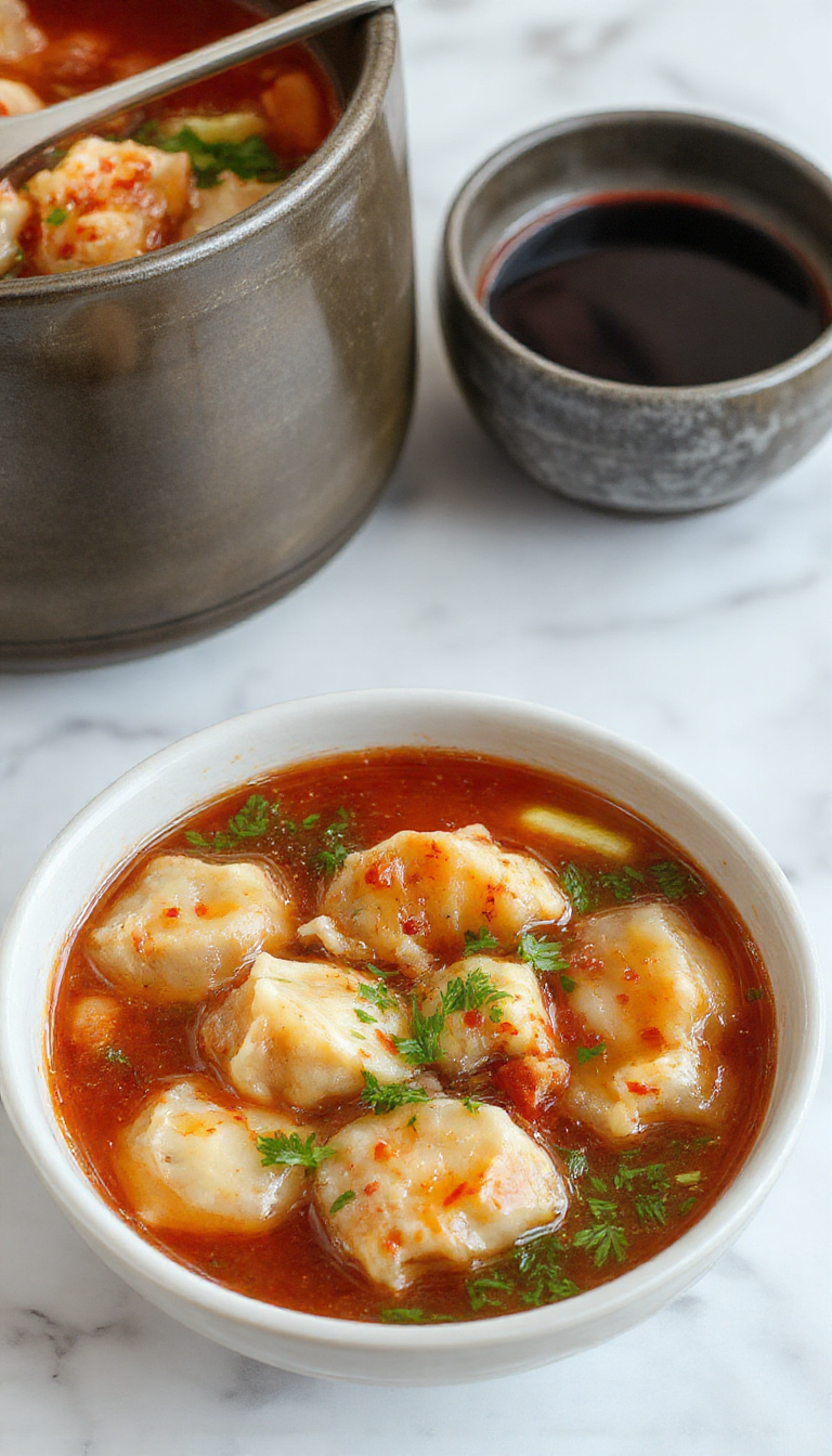 A vibrant bowl of Asian dumpling potsticker soup featuring golden-brown potstickers floating in a clear, fragrant broth with green onions and slices of bok choy, garnished with sesame seeds atop a rustic wooden table, styled with chopsticks and a spoon for an inviting presentation.